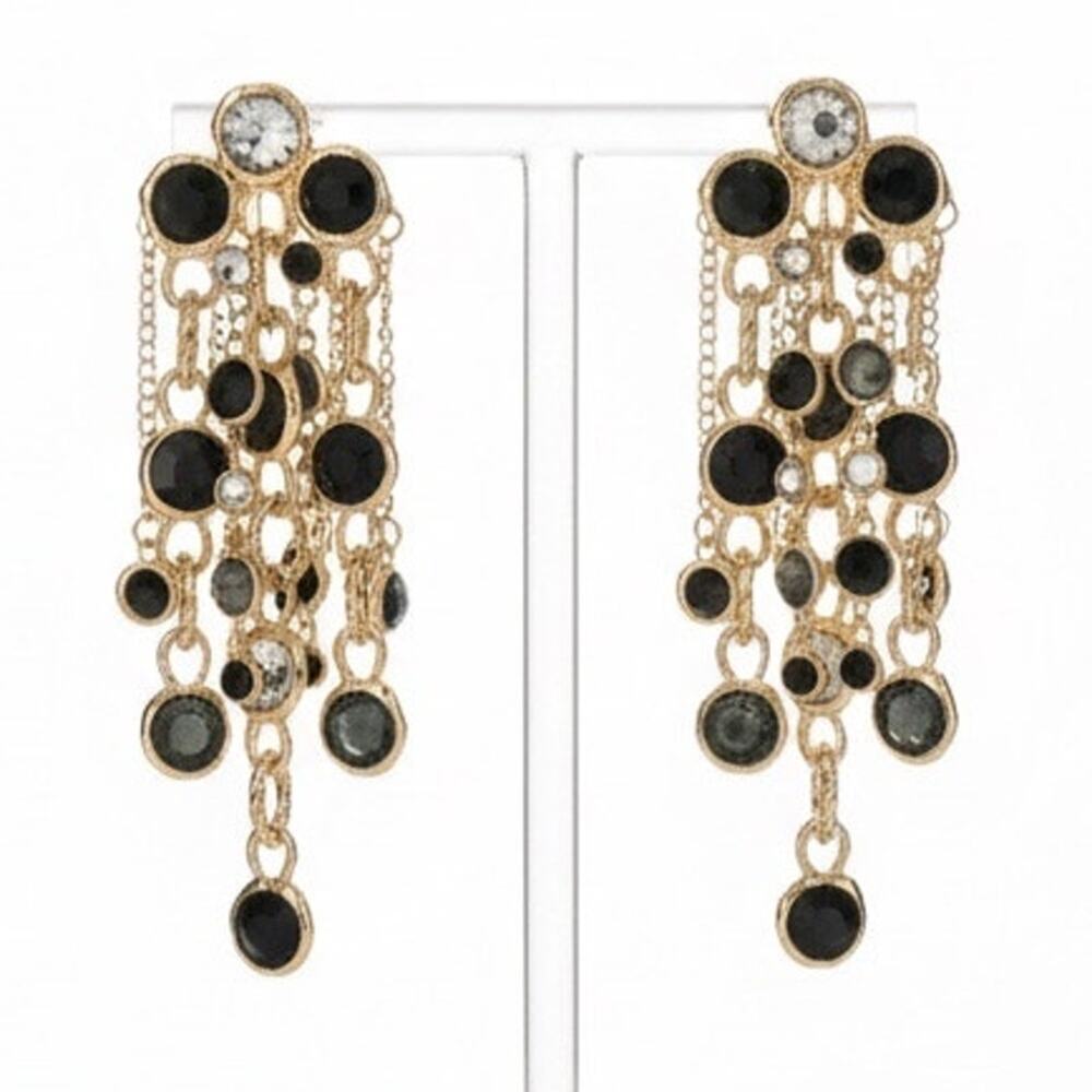 Black Crystal Chain Fringe Drop Earrings Gold Tone Statement